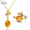 S925 Necklace Ring Sets 100% Natural Citrine 925 Sterling Silver Jewelry Party Jewelry Set for Women Accessories V022-3