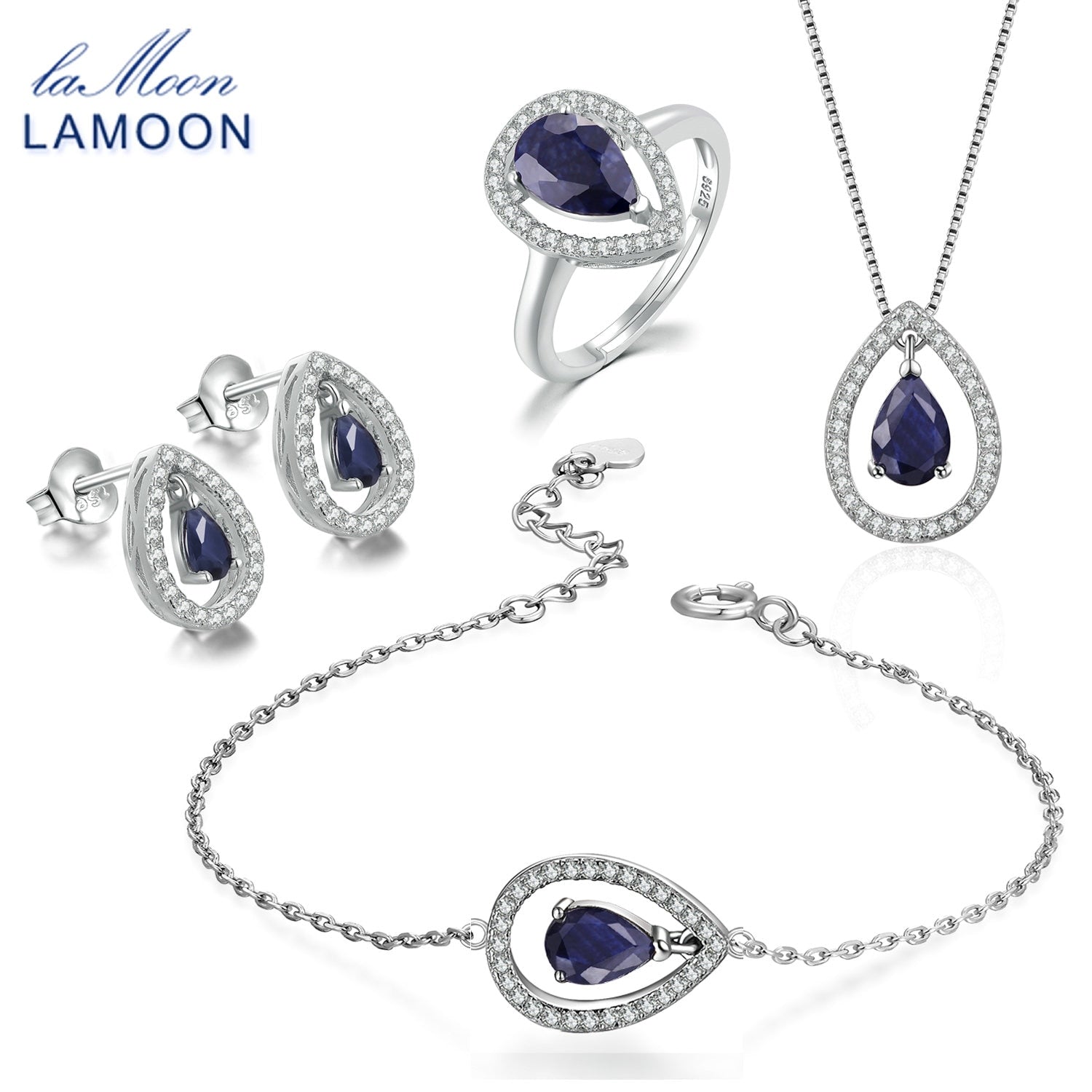 Sapphire Jewelry Set for Women Water Drop 100% Real Natural Gemstone 925 sterling-silver-jewelry Ring Earring V040-1