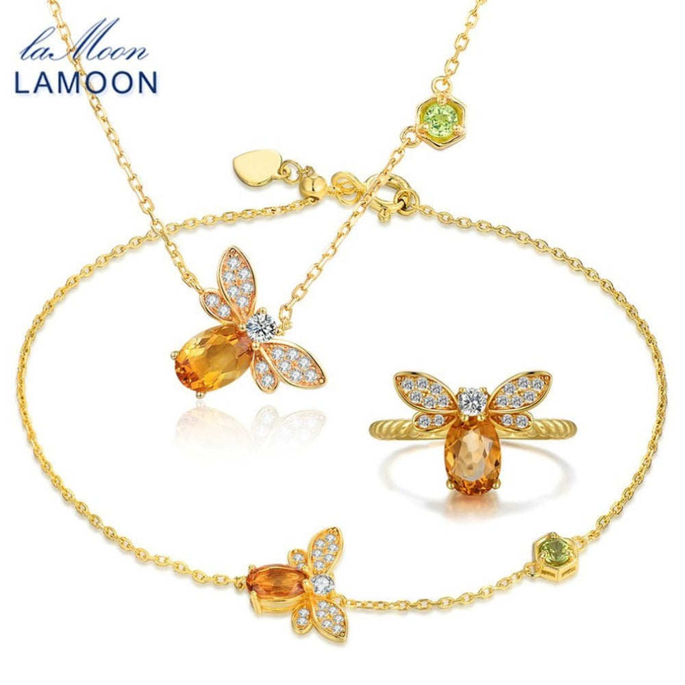 Sweet Bee Pendant Jewelry Set Natural Gemstone Citrine 925 Sterling Silver Necklace Rings Bracelets Fine Jewelry Gift
