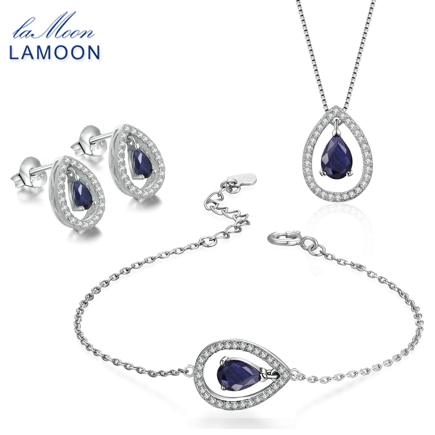 Water Drop Earring Necklace Bracelet Jewelry Set for Women 100% Blue Sapphire 925 Sterling Silver Fine Jewelry V040-4