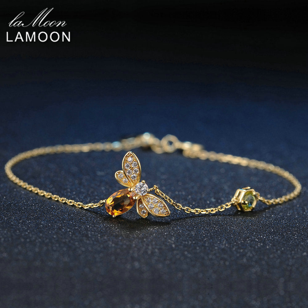 Women 925 Sterling Silver Jewelry Charm Bracelets Animal Bee Peridot Natural Oval Citrine Chain Fashion Charms Bracelet