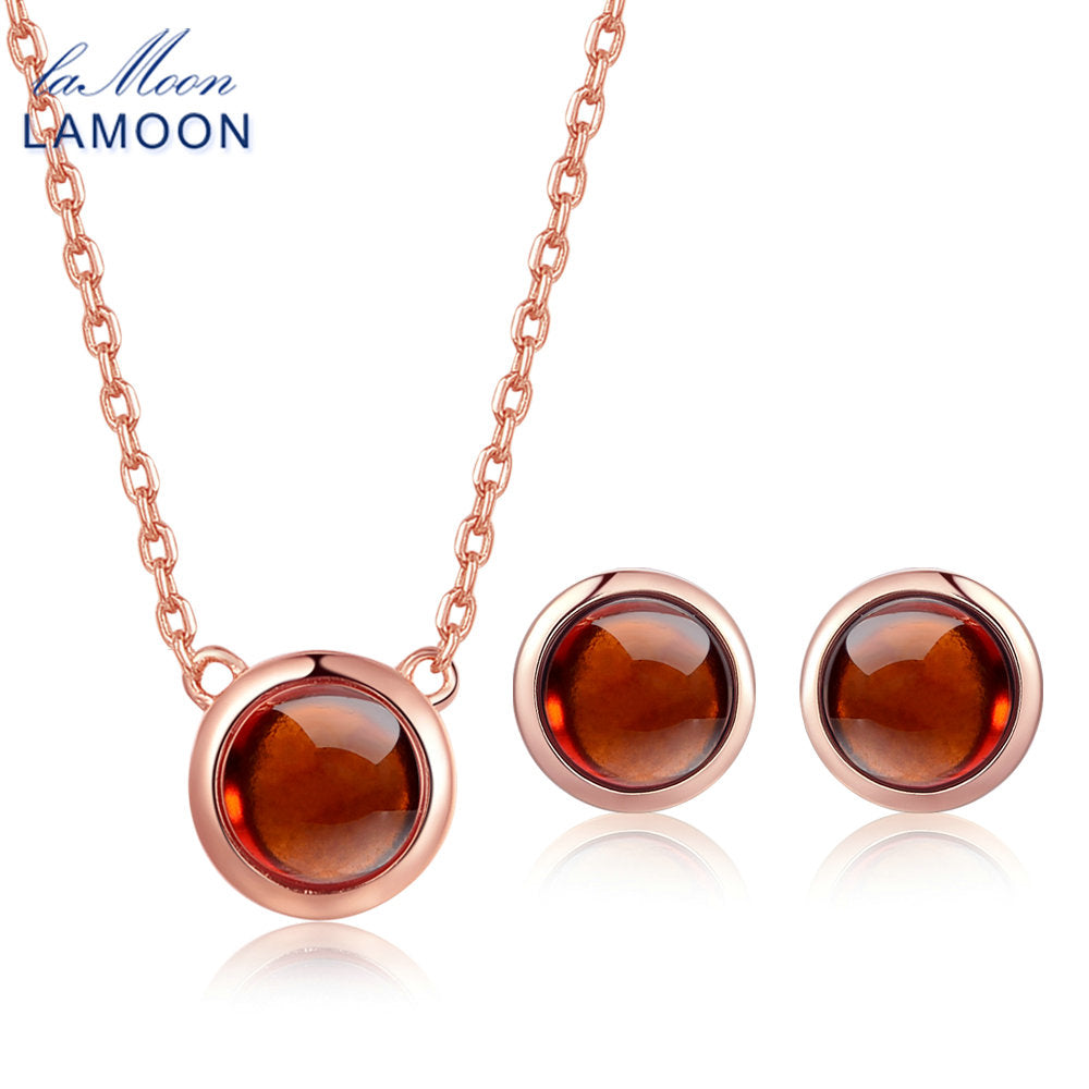 Women's 925 Sterling Silver Jewelry Sets 6mm 1.2ct 100% Natural Round Orange Red Rubin Garnet Fine Jewelry Set Necklace