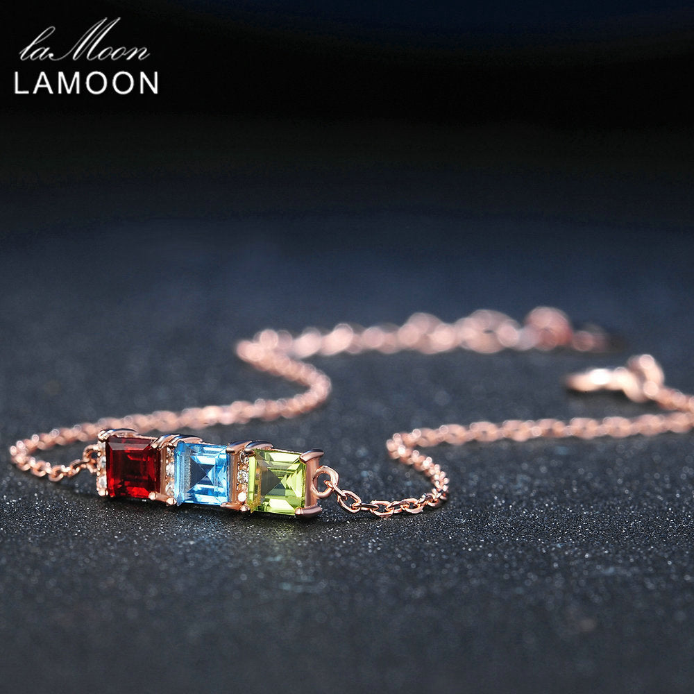 Women's Chain Charm Bracelets 4mm Natural Green Peridot Bule Topaz Red Garnet 925 Sterling Silver Fine Jewelry Fashion