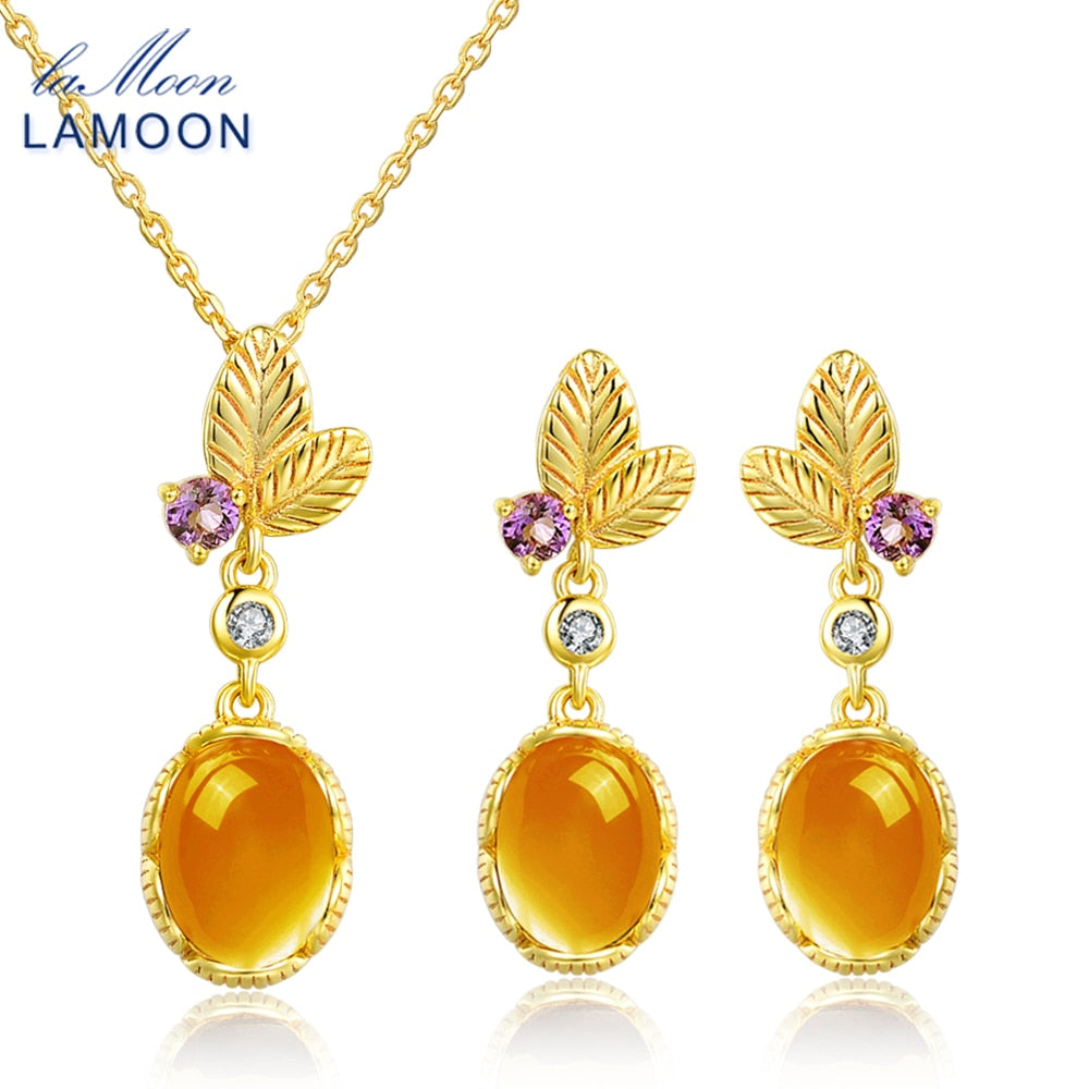 Women's Necklace Stud Earrings Set 100% Natural Citrine S925 Sterling Silver Elegant Fine Jewelry Set for Femal V022-2