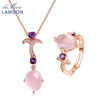 Women's Ring Necklace Set Natural Gemstone Oval Rose Quartz 925 Sterling Silver Jewelry Rose Gold Fine Jewelry Set V025-3