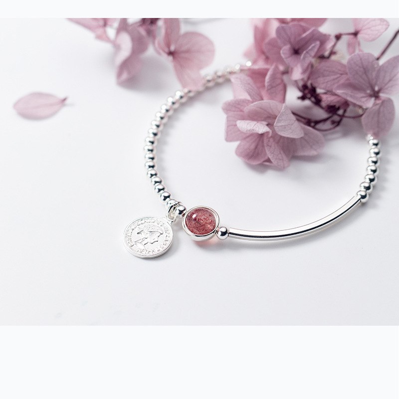 LAN CAI 925 Sterling Silver Beads&Natural Strawberry Quartz Bracelet Romantic Fine Jewelry for Woman Valentine's D Lovers Gift
