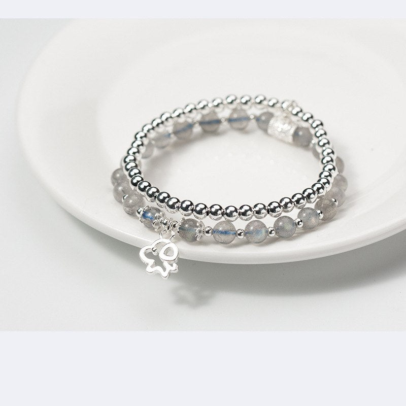 LAN CAI Fashion Cute 925 Sterling Sliver Beads Natural Moonstones Bracelet Lovely Puppy Charm Stretch Bracelet for Women Gift