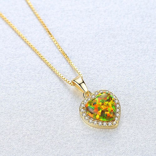 LAN CAI Genuine 925 Sterling Silver Opal Pendant Necklace Love Heart Yellow/Blue/White Opal High Quality Fine Jewelry for Women