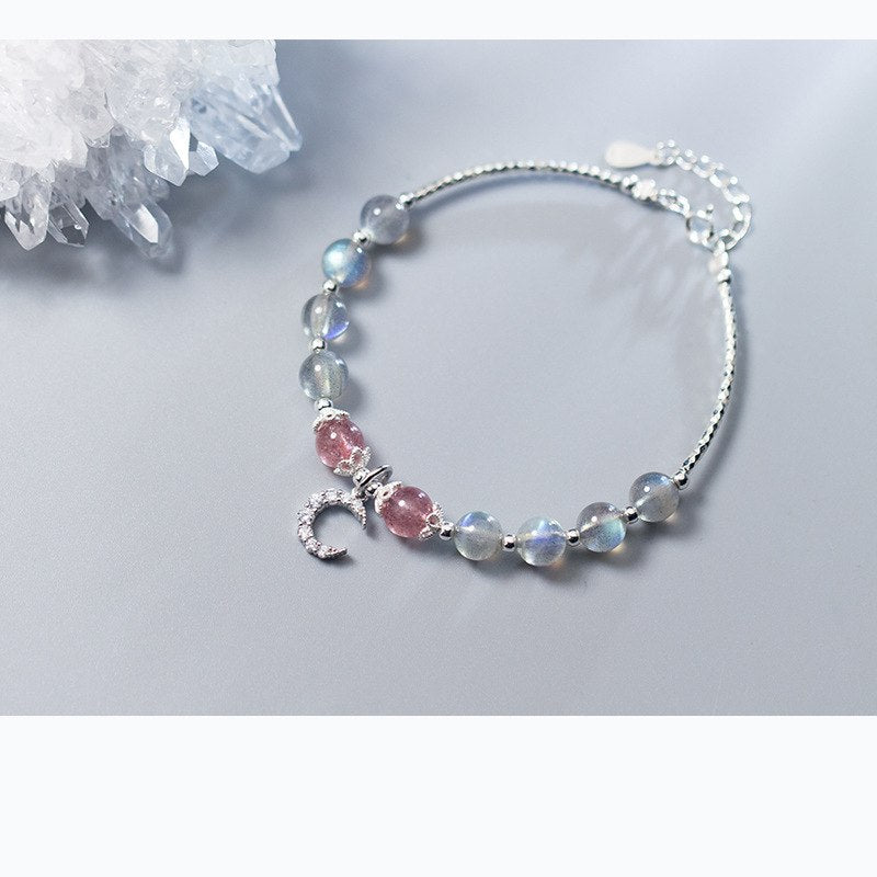 LAN CAI Natural Moonstones and Strawberry Quartz Bracelet 925 Sterling Sliver Inl Zircons Bracelet for Women Crystal Jewelry