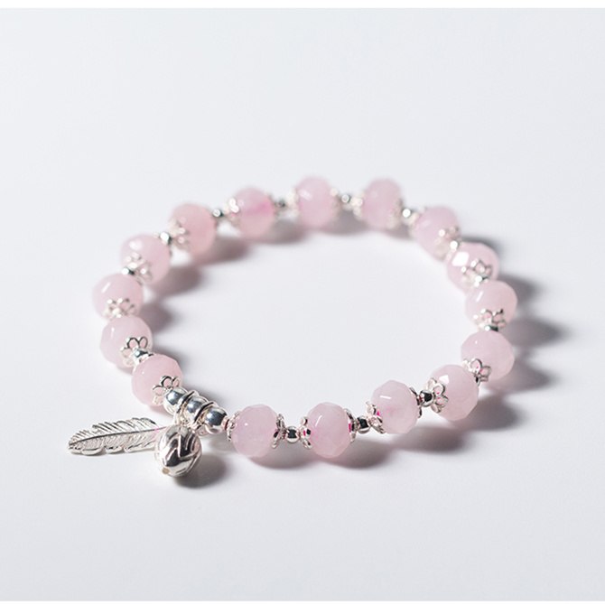 LAN CAI Natural Pink Ross Quartz 925 Sterling Silver Flower bud&Feather Pendant Stretch Bracelet Romantic Jewelry for Girlfriend
