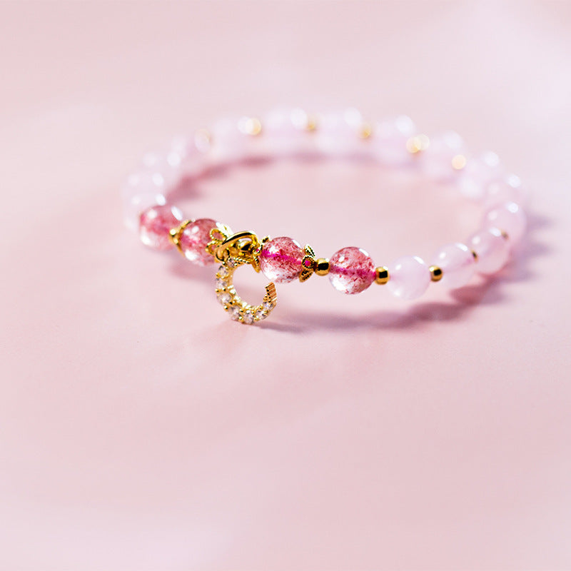 LAN CAI Ross Quartz and Garnet Natural Stone Stretch Bracelet Beads with 925 Sliver Moon Charm Inl Zircons Bracelet for Women