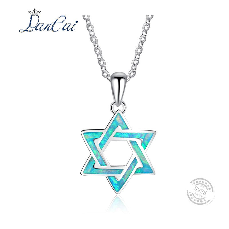 925 Sterling Silver Necklace Individual Six Awn Star Blue Fire Opal Pendant Necklace for Women Genuine Fine Jewelry Gift