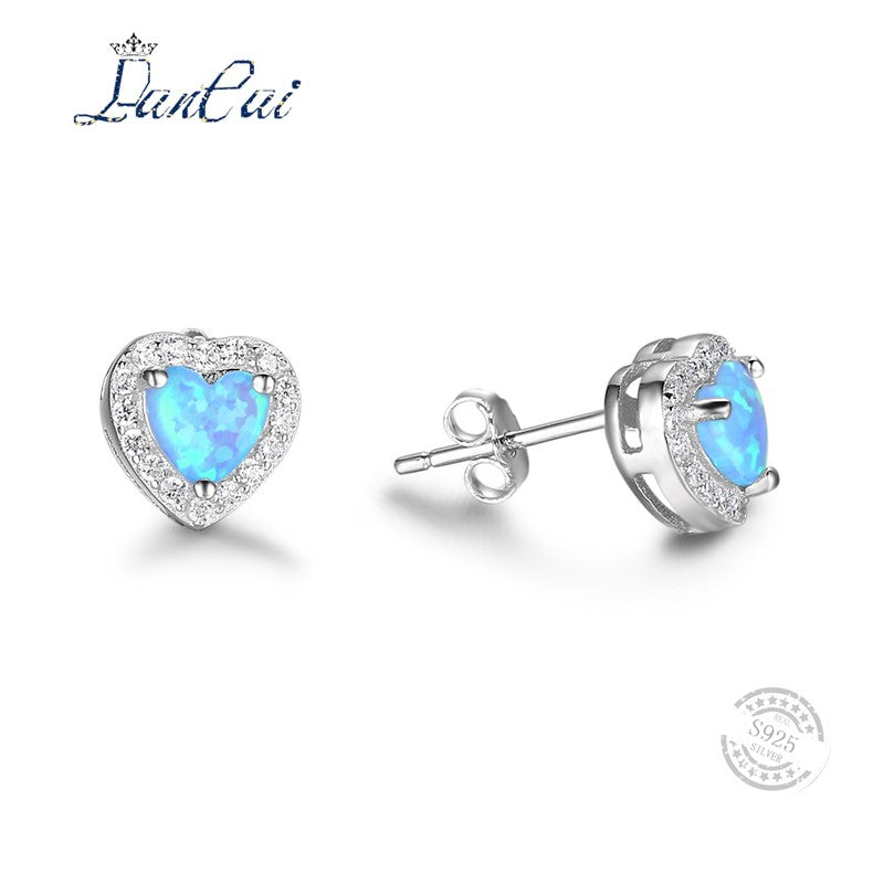 925 Sterling Silver Stud Earrings Love Heart Blue Fire Opal Inlaid White Zircon High Quality Fine Jewelry for Girl Party