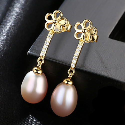 Brand Hight Quality Flower Earrings 8-9mm Pearls 925 Sterling Silver Pearl Earrings for Women Fine Jewelry