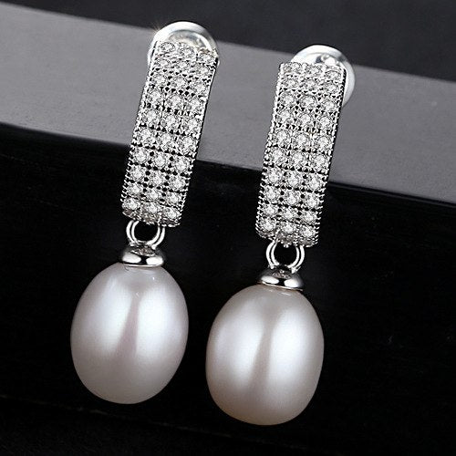 Brand Pure Natural Pearl Earrings 8-9mm Pearls 925 Sterling Silver Women Fine Earring Jewelry Classic Style