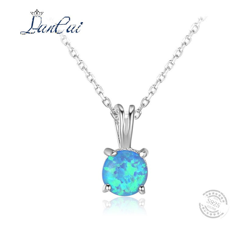 Classic Simple Style Blue Fire Opal Necklace 925 Sterling Silver Pendant Necklace Fashion Opal Jewelry for Women Lovers