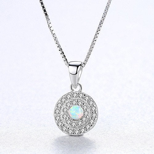 Created White/Blue/Yellow Fire Opal Necklace Disc Shape Real 925 Sterling Silver Pendant Necklace for Women Fine Jewelry