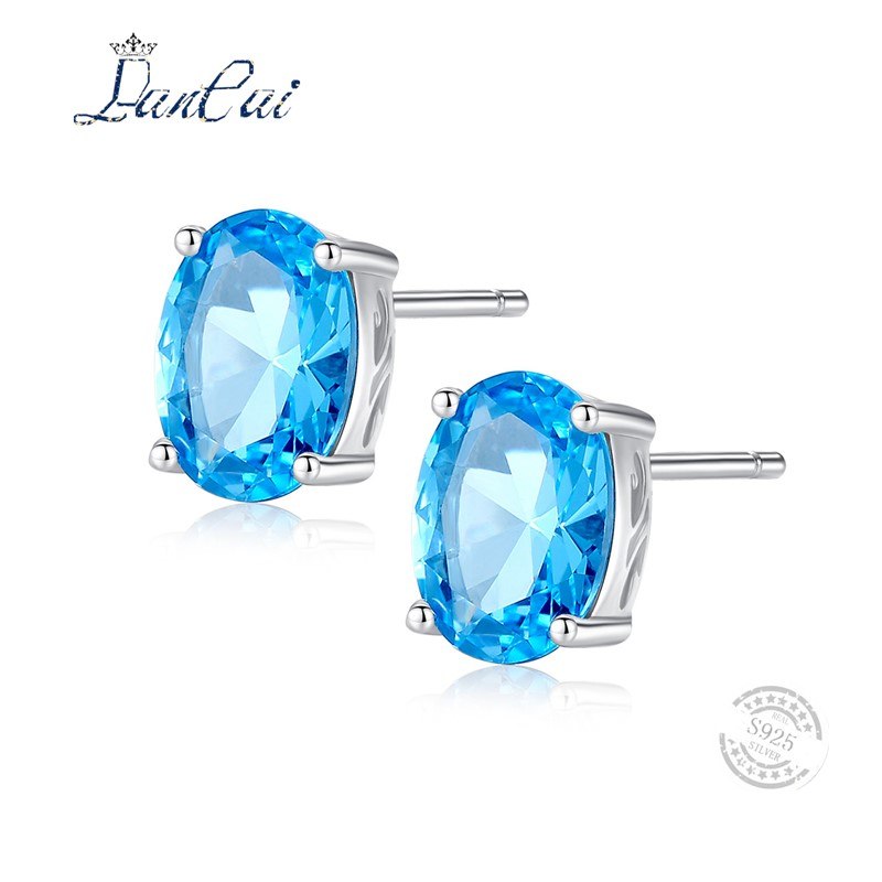 Fashion 925 Sterling Silver Earrings 1.8ct Oval Solitaire Natural Sky Blue Topaz Stud Earrings for Women Fine Jewelry