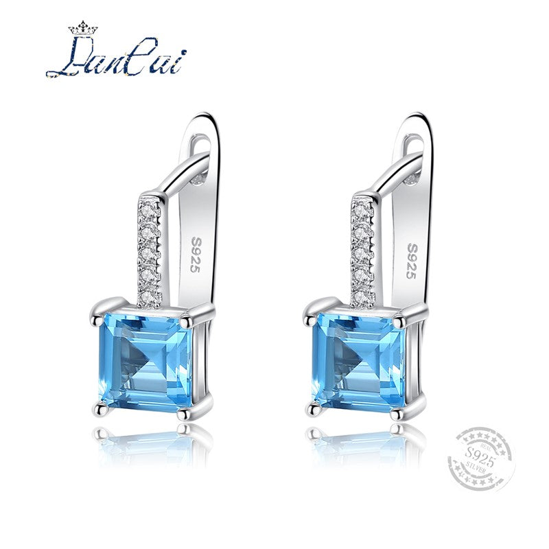 Fashion 925 Sterling Silver Earrings Cushion-Cut Genuine Sky Blue Topaz Stud Earrings for Women Fine Jewelry Lovers Gift