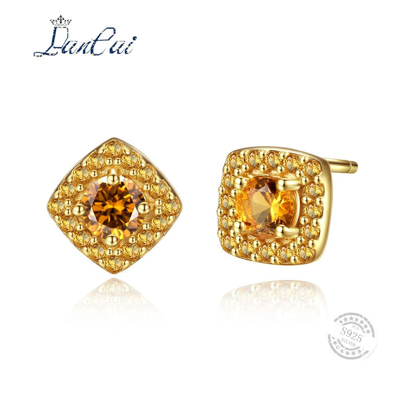 Fashion 925 Sterling Silver Earrings Natural Gemstones Citrine Inlaid Zircon Stud Earrings for Women Fine Jewelry Gift