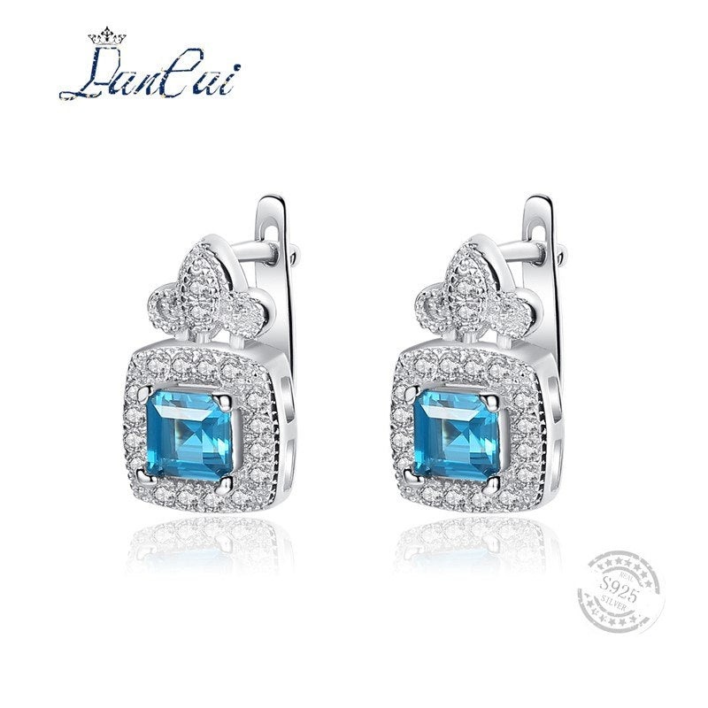 Fashion 925 Sterling Silver Earrings Solitaire Natural London Blue Topaz Stud Earrings for Women Fine Jewelry Lovers Gift