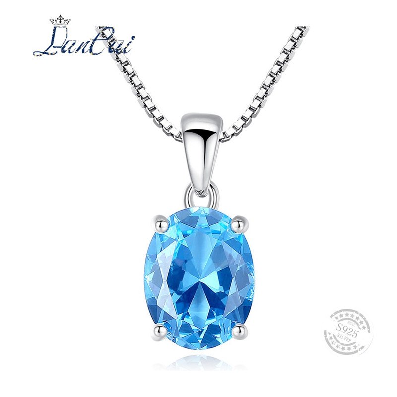 Fashion 925 Sterling Silver Necklace 2.3 ct Oval Solitaire Natural Sky Blue Topaz Pendant Necklace for Women Fine Jewelry