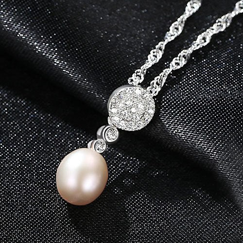Fashion 925 Sterling Silver Necklace 7-8mm Natural Pearl Geometric Pendant Necklace for Women Fine Jewelry