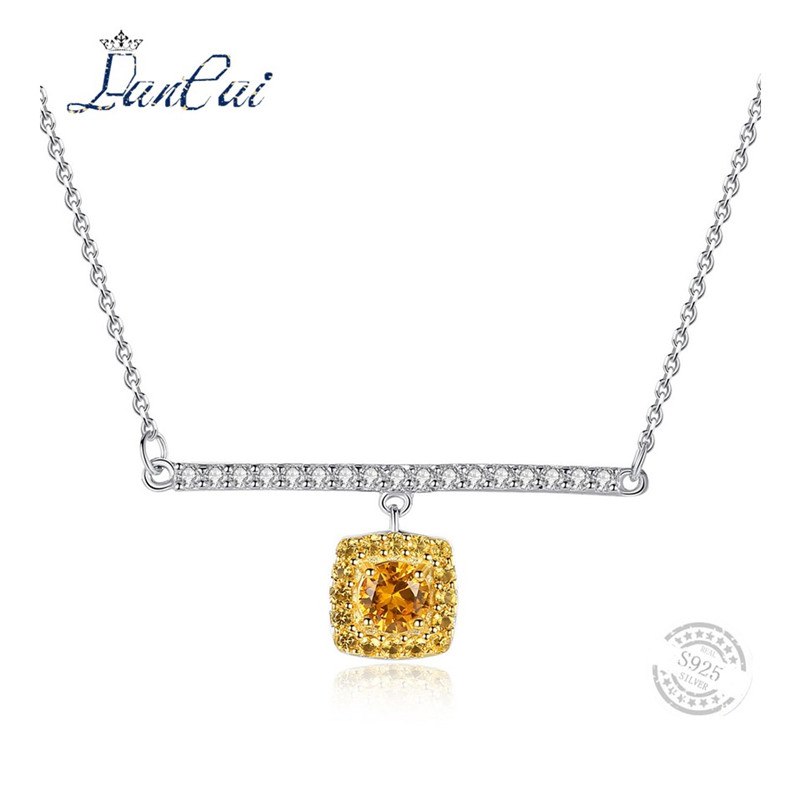 Fashion 925 Sterling Silver Necklace Natural Gemstones Citrine Inlaid Zircon Pendant Necklace for Women Fine Jewelry Gift