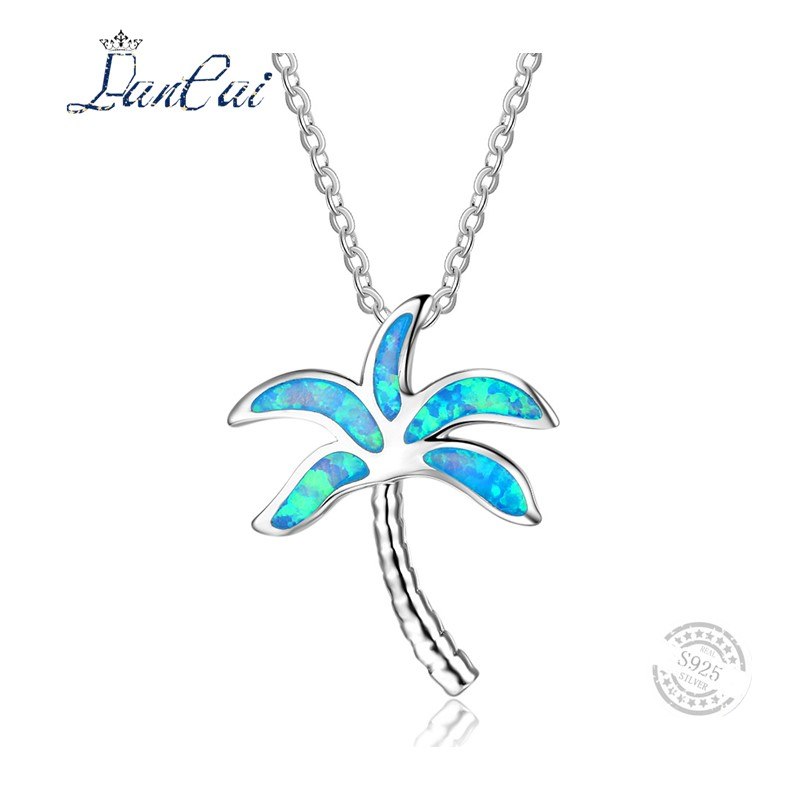Fashion 925 Sterling Silver Necklace Simple Coconut Tree Blue Fire Opal Pendant Necklace for Women Fine Jewelry Gift