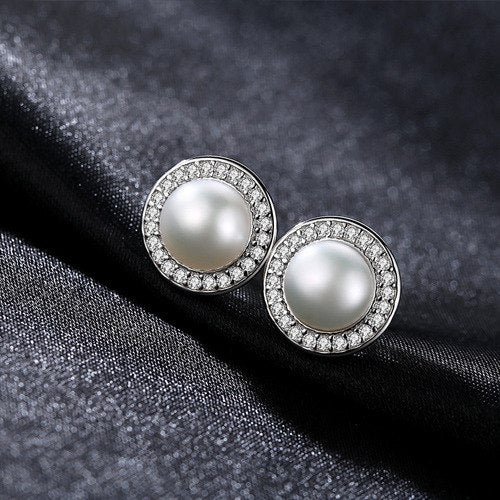 Fashion 925 Sterling Silver Pearl Earrings Round Natural Pearl Tiny Zircon Stud Earrings for Women Jewelry