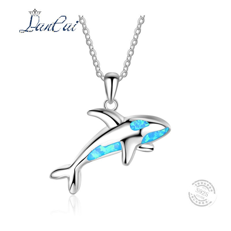 Fashion Cute Silver inlaid Blue Fire Opal Dolphin Necklace 925 Sterling Silver Pendant Necklace for Women Fine Jewelry