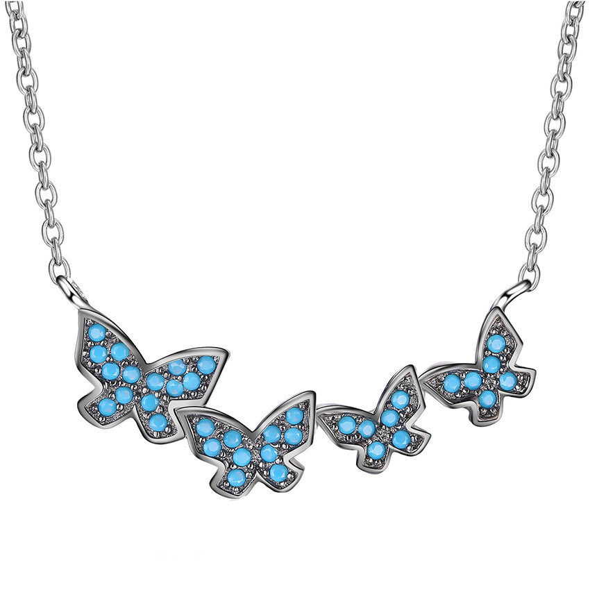 Fashion Manual 925 Sterling Silver Necklace Flying Butterflies Blue Zircon Pendant Necklace for Women Fine Jewelry Gift