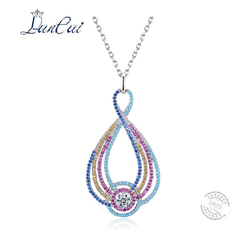 Fashion Manual 925 Sterling Silver Necklace Geometric Lines Colorful Zircon Pendant Necklace for Women Fine Jewelry Gift