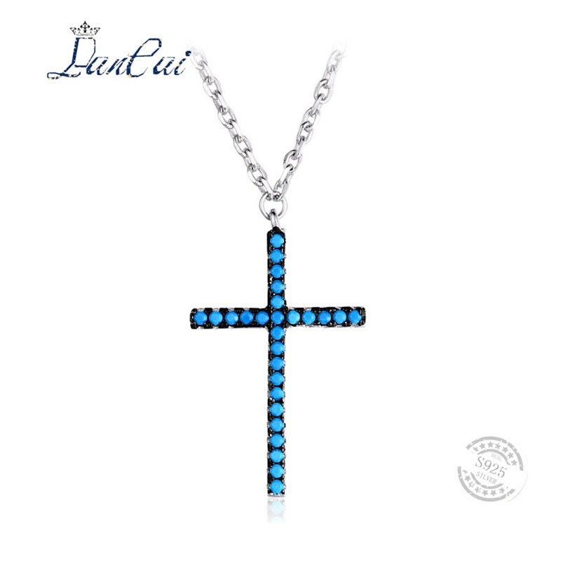 Fashion Manual 925 Sterling Silver Necklace Individual Little Cross Blue Zircon Pendant Necklace for Women Fine Jewelry
