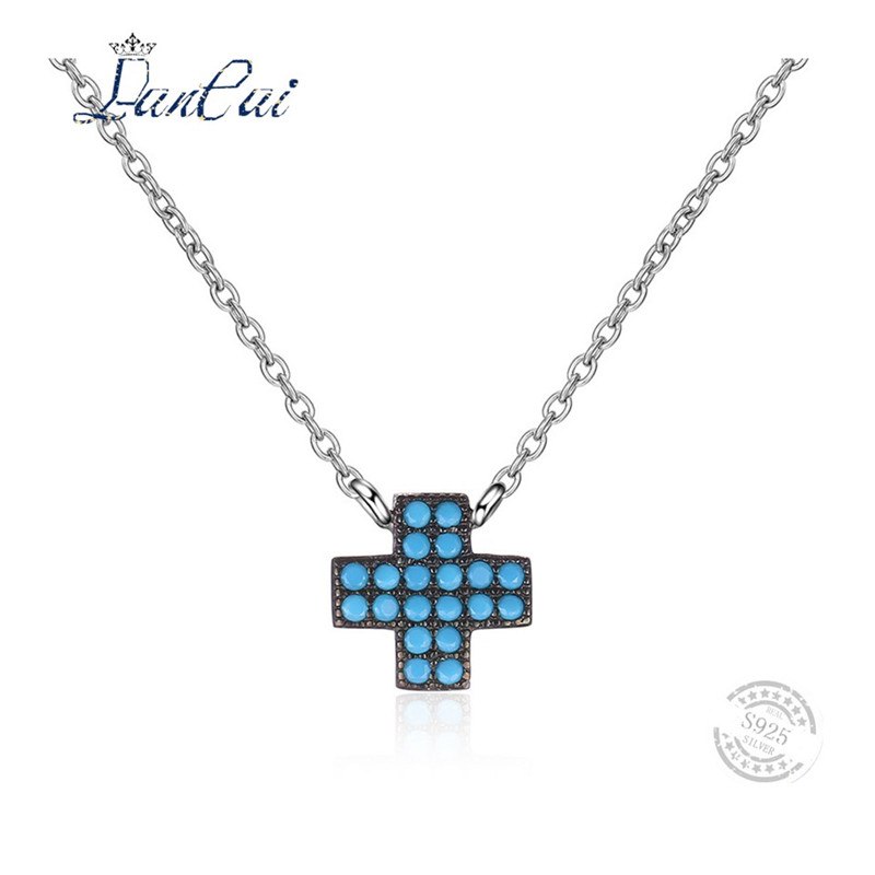 Fashion Manual 925 Sterling Silver Necklace Individual Little Cross Blue Zircon Pendant Necklace for Women Fine Jewelry