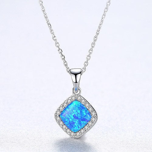 Genuine 925 Sterling Silver Green/White/Blue Fire Opal Necklace Geometric Square Pendant Necklace for Women Fine Jewelry