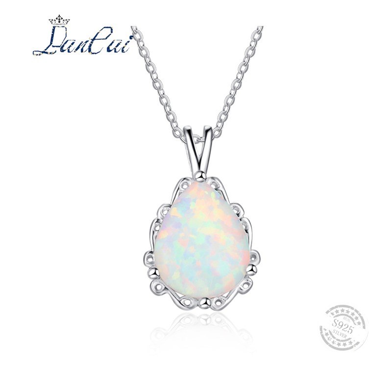 Genuine 925 Sterling Silver White Fire Opal Necklace Classic Big Size Water Drop Pendant Necklace for Women Fine Jewelry