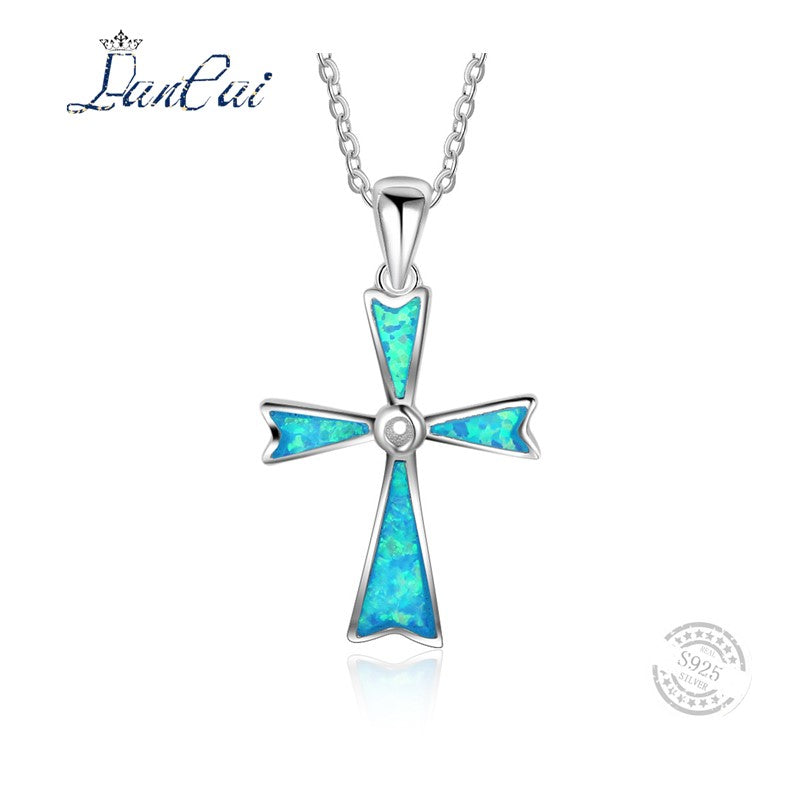 Genuine Classic 925 Sterling Silver Necklace Individual Cross Blue Fire Opal Pendant Necklace for Women Jewelry Student