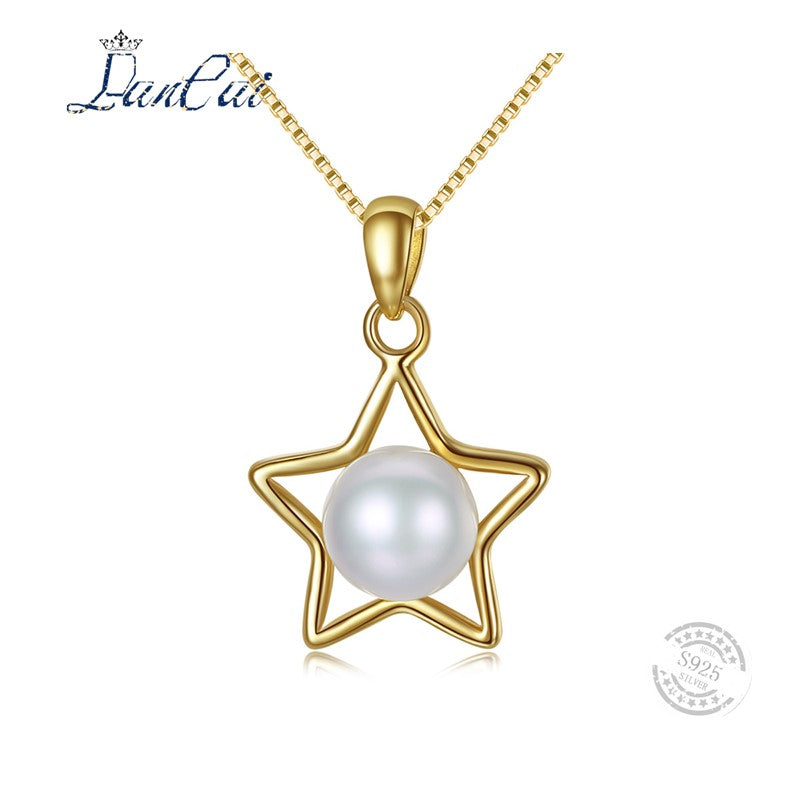 Genuine Fashion 925 Sterling Silver Necklace Pentagram Natural pearl Pendant Necklace for Women Fine Jewelry