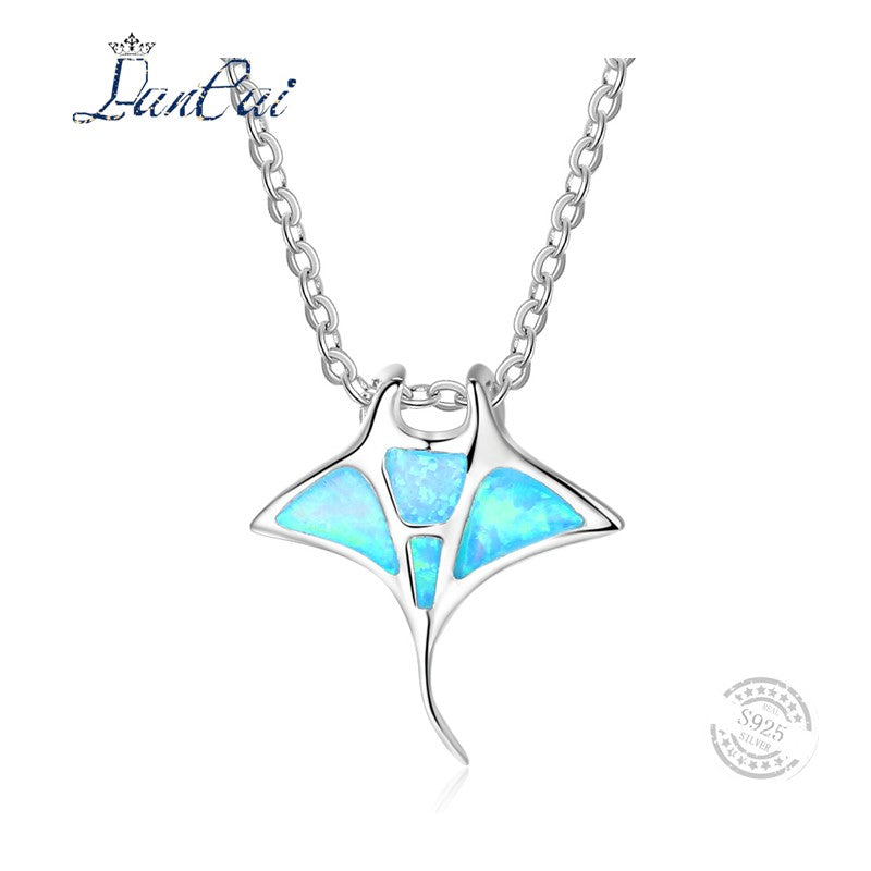 Individual R Pendant Necklace Classic 925 Sterling Silver Necklace Genuine Blue Fire Opal Jewelry for Women Sea Series