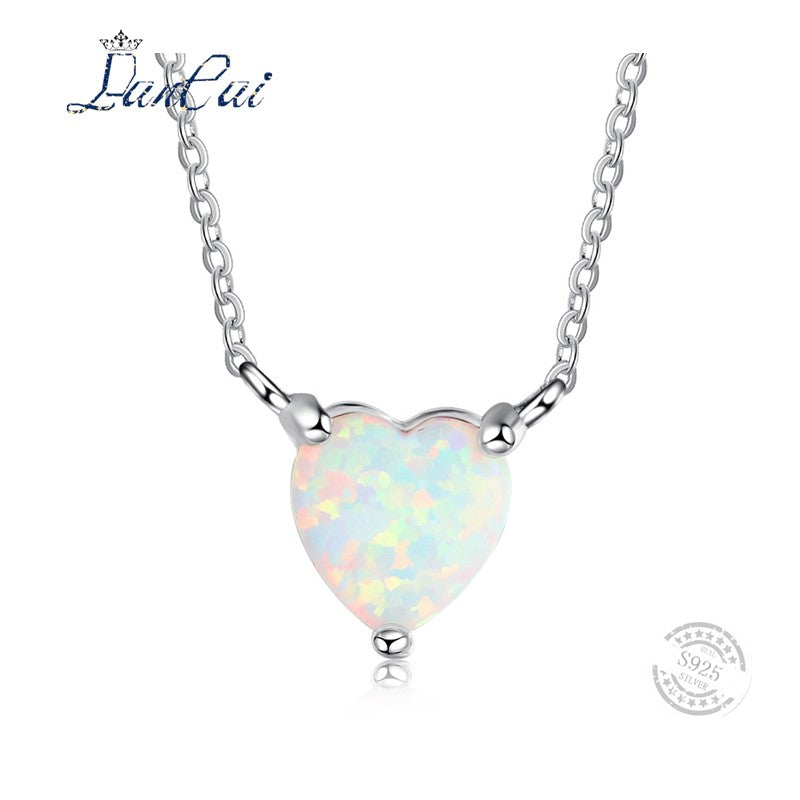 Simple Style 925 Sterling Silver Pendant Necklace Love Heart White Fire Opal Necklace High Quality Fine Jewelry for Women
