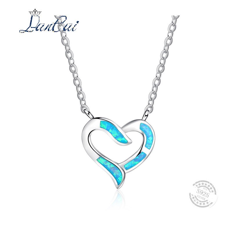 Simple Style Inlaid Blue Fire Opal Cute Love Heart Necklace 925 Sterling Silver Pendant Necklace for Women Fine Jewelry