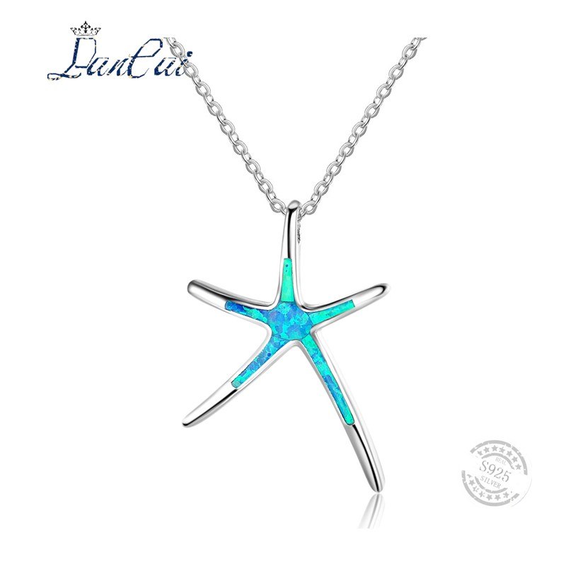 Simple Style Starfish Blue Fire Opal Fine Jewelry 925 Sterling Silver Necklace Hyperbole Pendant Necklace for Women Gift