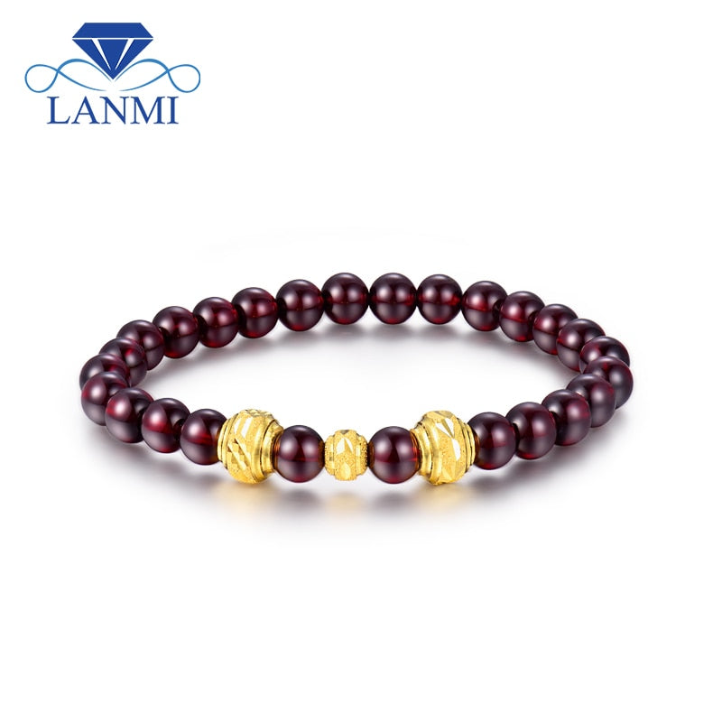 Natural Garnet Natural 24K Gold Bead Bracelet Round 6mm Stone for Women