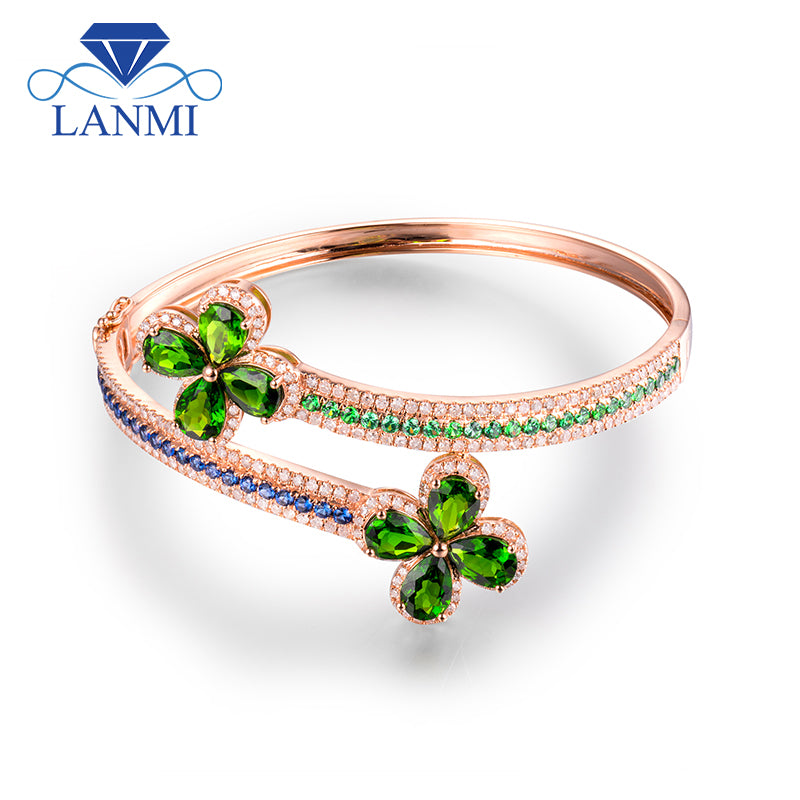 Solid 14Kt Rose Gold Pear cut Tsavorite Diamond Wedding Bangle with Sapphir and Emerald for Women Anniversary Jewelry