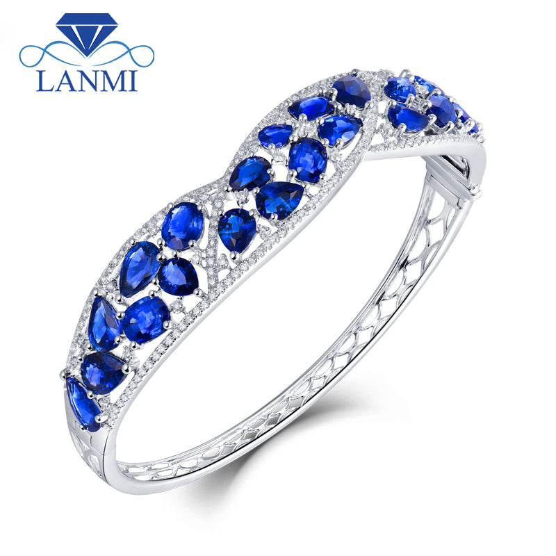 Solid 18K White Gold Blue Sapphire Sparkly Diamond Bangle for Women Natural Gemstone Wedding Jewelry Christmas Gift