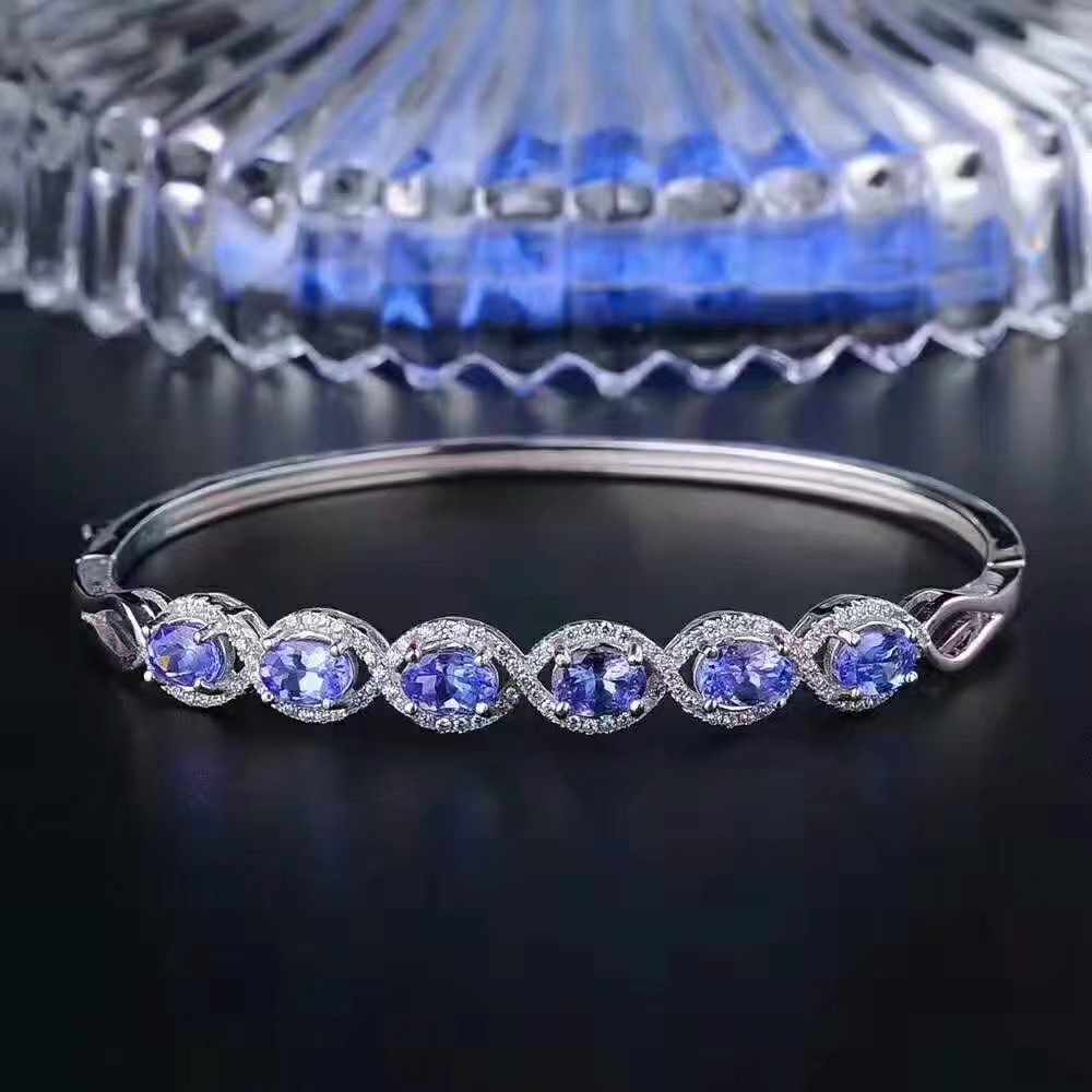 925 Sterling Silver blue tanzanite Bangles trendy natural jewelry simple style open Bangles fine   sz0406agts