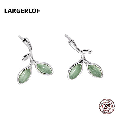 925 Sterling Silver Leaf Earrings Cat's Eye Fine Jewelry Stud Earrings ED37095