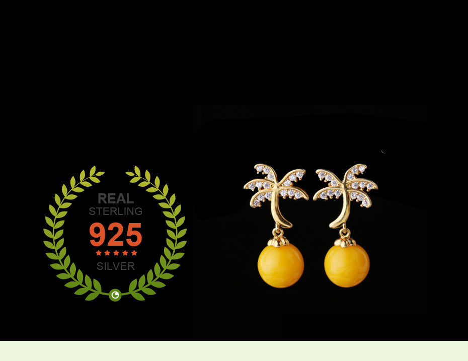 Real 925 Sterling Silver Earrings Flower Fashion Jewelry Handmade Amber Earrings For Women AED30006