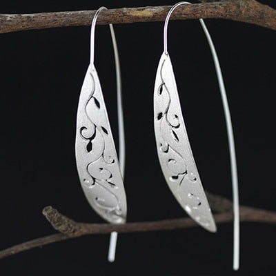 Real 925 Sterling Silver Earrings Women Handmade Fine Jewelry Leaf Hollow Drop Earrings For Women ED49026